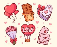 valentine's day items are arranged in the shape of heart balloons, envelopes and hearts