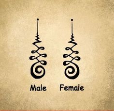 two earrings with the word male and female written in black ink on an old paper background