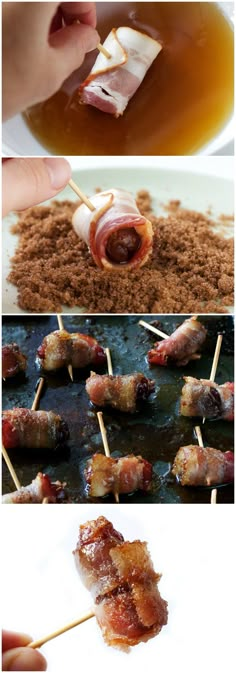 bacon wrapped skewers are being cooked on a grill and then served with sauce