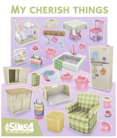 a bunch of furniture and kitchen items are shown in this cartoon style poster with the words, my cherish things