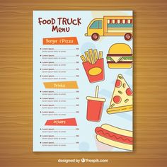 a menu with food and drinks on the wooden table, for a restaurant or cafe