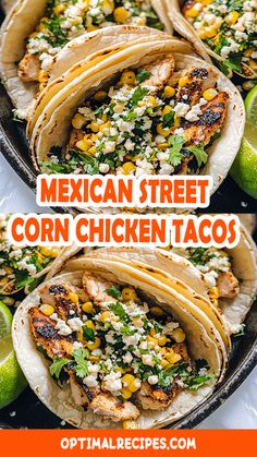 mexican street corn chicken tacos with limes and cilantro on the side