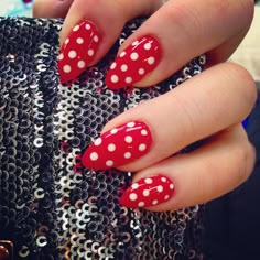 Red almond shaped gel nails white polka dots Polka Dot Nail Art, Dot Nails, Nails Yellow, Red Nail Art, Dot Nail Art, New Nail Designs, Nail Art Disney, Matte Nails Design, Polka Dot Nails