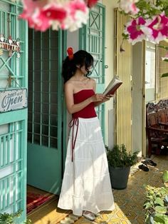 White And Red Aesthetic Outfit, Red White Aesthetic Outfit, Classy White Skirt Outfit, Aesthetic White Skirt Outfit, Aesthetic Red And White Outfit, Chic Skirt Outfits Classy, Red And White Coquette Outfit, Vintage Glamour Aesthetic Outfits, Red And White Outfit Summer