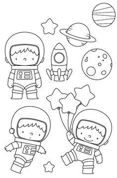 an astronaut coloring page with two kids in space suits, one holding a rocket and the other