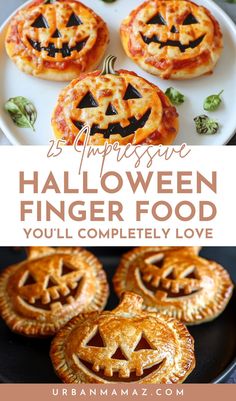 three pumpkin pies on a plate with text overlay that reads 25 awesome halloween finger food you'll completely love