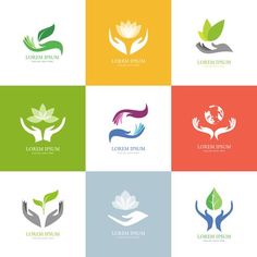 four different logos with hands holding leaves