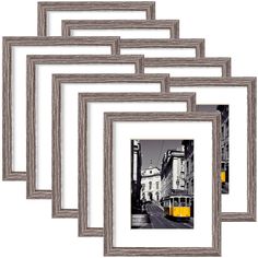 six framed photographs with a yellow tram in the background