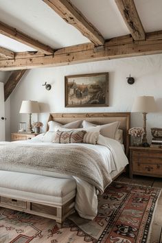 a large bed sitting in a bedroom on top of a rug