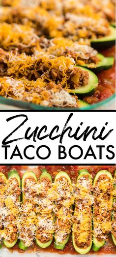 zucchini taco boats with cheese and other toppings on the side, along with text overlay