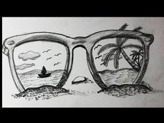 a drawing of sunglasses with palm trees and a boat in the background