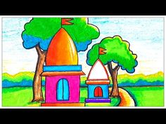 a drawing of a colorful church with trees