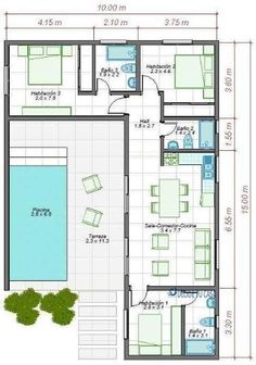 the floor plan for an apartment with two beds and a pool in front of it