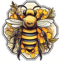 a drawing of a bee with yellow flowers on it's chest and wings in the center