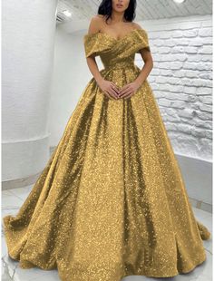 A-Linie Ballkleider Glitzer Schwarz Champagner Gold Kleid Black Tie Carival Sweep/Pinselschleppe Kurzarm Schulterfrei Pailletten mit Glitzerfalten Prom Dresses Sparkle, Elegant Dress Black, Champagne Gold Dress, Dresses Sparkle, Prom Dresses Elegant, Dresses Quinceanera, Black Tie Gala, Evening Dresses Cocktail, A Line Prom Dresses