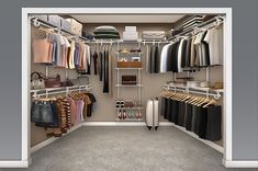 an open closet with clothes and shoes hanging on the wall, in front of a carpeted floor