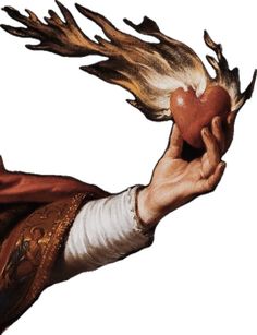 a painting of a hand holding an apple with fire coming out of it's core