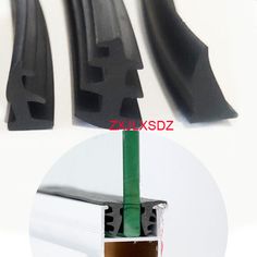 four different types of black and white plastic window seales with green tape on each side