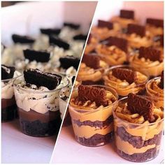 desserts are arranged in individual cups on a table