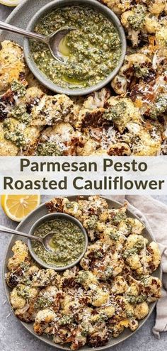 two plates filled with roasted cauliflower and pesto sauce on top of them