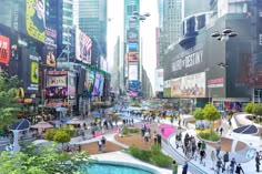 an artist's rendering of a city street with lots of people walking and riding bikes