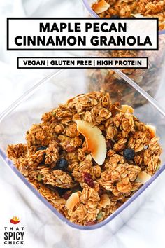 two glass containers filled with granola on top of a white tablecloth and the words maple pecan cinnamon granola