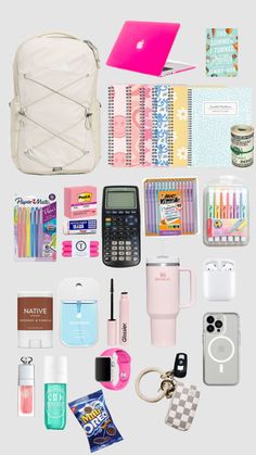 an assortment of school supplies including a backpack, calculator, pencils, and pens