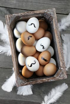 eggs with faces drawn on them in a wooden box next to white and gray feathers