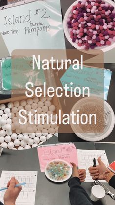 people are writing on paper next to bowls and plates with candy in them that say natural selection simulation