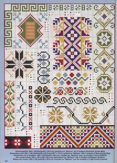 a cross stitch pattern with different designs and colors on the front, including an ornate border