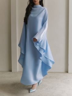 Loose maxi dress with rhinestones on collar :: LICHI - Online fashion store Elegant Flowy Spring Abaya, Elegant Bell Sleeve Maxi Dress For Wedding, Flowy Long Sleeve Maxi Dress For Evening, Elegant Long Sleeve Blue Abaya, Elegant Blue Long Sleeve Abaya, Formal Spring Abaya With Long Sleeves, Blue Long Sleeve Abaya For Party, Elegant Long Sleeve Maxi Dress For Eid, Evening Long Sleeve Maxi Dress With Draped Sleeves