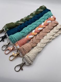 braided wristlets made with soft cotton cord and is a perfect way to add a little bit of flare to your everyday or as a gift!  Choose your own color cord and hardware.  These are approximately 7.5 inches  and are perfect to add to your keys to make them easier to find and hold onto. A lightweight option wristlet if you don't want something bulky and big enough to slip your wrist through to easily hold on to it.  If you would like a different length please just add this into the note to seller bo Gift Macrame, Macrame Wristlet, Keys Keychain, Key Keychain, Keychain Wristlet, Three Cats, Etsy Bridesmaid Gifts, Macrame Ideas, Wristlet Keychain