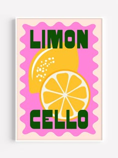 a pink and yellow poster with the words lemon gello on it's side