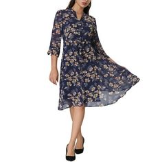 STYLE - Keep your look professional and stylish in this elegant dress from Hobemty, featuring a floral printed, half sleeve, V neck, button down, tie waist, flat pocktes, flare hem, full lined and chiffon fabric. OUTFIT - Focused on Ladies' Formal Wear - This dress can be a perfect addition to almost any outfit from formal to daily wear, great for work, office, businesses, work, wedding, casual, daily dressing, etc. OCCASION - Pair with high heels for casual office look. Comfortable and versatile, this floral dress perfect on its own. Measurement (in inches) International Size----------Chest Girth----------Waist Girth----------Shoulder Width----------Sleeve Length S--------------------------------35 7/8------------------32 1/4------------------14 7/8----------------------------16 1/2 M---- Blue Floral Print Knee-length Chiffon Dress, Casual Office Look, Blue Floral Print V-neck Dress, Flowy Chiffon Dress, Elegant Blue Floral Print V-neck Dress, Dress Half Sleeve, Women Dresses Casual Summer, Ruffle Bodycon Dress, Evening Midi Dress