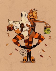 a drawing of a woman dressed as a bee holding a jack - o'- lantern