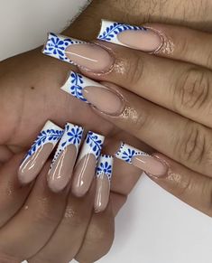 Ojo Nail Design, Mexico Style Nails, Greek Acrylic Nails, Baddie Nails 2023, Azul Tequila Nails, Costal Nail Ideas