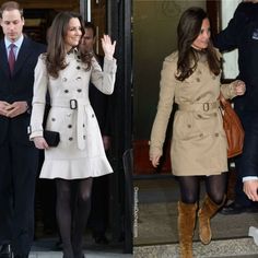 two pictures of the same woman in different outfits, one is wearing a trench coat