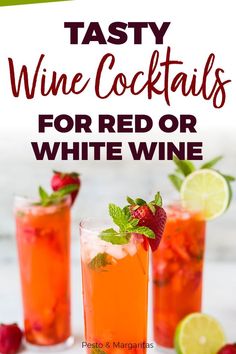 two glasses filled with red or white wine and garnished with strawberries