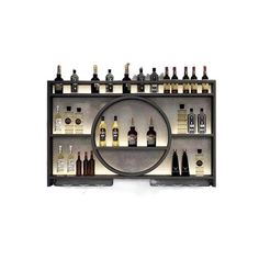 a wine rack with bottles on it and a magnifying glass in the middle