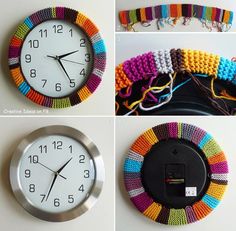 four different pictures of colorful crocheted clocks with numbers on the sides and hands