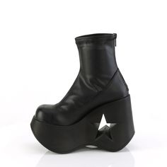 5" (127mm) Star Cutout Black Pu Platform Wedge Stretch Ankle Boot, Back Metal Zip Closure | Demonia DYNAMITE-100 Demonia Dynamite, Demonia Boots, Alternative Shoes, Demonia Shoes, Festival Shoes, Punk Boots, High Ankle Boots, Vegan Boots, Gogo Boots