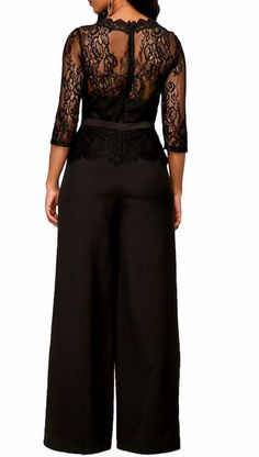 This sophisticated sexy jumpsuit is perfection.  Featuring a lace top with a ruffled hem, 3/4 lace sleeves, a fitted waist and flare legs. This jumpsuit perfect for date night, a night on town town or your next social mixer.  Pair with heels and statement jewelry for a fabulous, chic look. Made with a polyester blend f Homecoming Romper, Plain Jumpsuits, Cocktail Chic, Wide Leg Jumpsuits, Slim Jumpsuit, Chiffon Shawl, Hip Clothes, Lace Jumpsuit