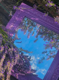 a purple frame sitting next to some flowers and lavenders in front of a blue sky