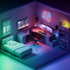 a room with a bed, computer desk and bookshelf in the corner is lit up by neon lights