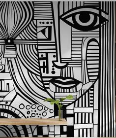 an artistic wallpaper design with black and white lines, shapes, and abstract faces