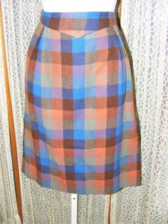 1960s Wool Plaid Skirt Blue Brown Slim Silhouette Vintage Clothing S 26" Waist 1960s Skirt, 60s Skirt, Wool Plaid Skirt, 1950s Skirt, Gloria Steinem, Vintage Stockings, Early 60s, Kick Pleat, Plaid Skirt