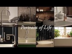 a series of photographs showing different types of kitchen sinks and faucets in various rooms