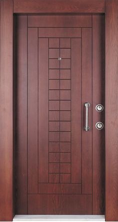 a wooden door with metal handle and glass inserts on the front panel, in dark wood