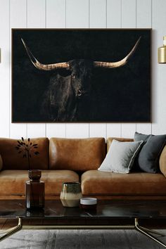 Elegant Black Longhorn Canvas Wall Art - Teri James Photography Masculine Office Art, Home Office Inspiration Men, Farmhouse Hunting Decor, Moody Western Aesthetic, Western Gothic Living Room, Modern Cowboy Decor, Western Chic Bedroom, Western Glam Decor, Western Gothic Decor