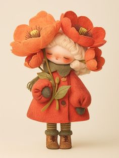 a small doll with flowers on her head and hands in the shape of an orange flower